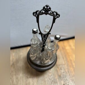 Vintage Cruet Set 5 piece rotating decorative heavy glass bottles light metal